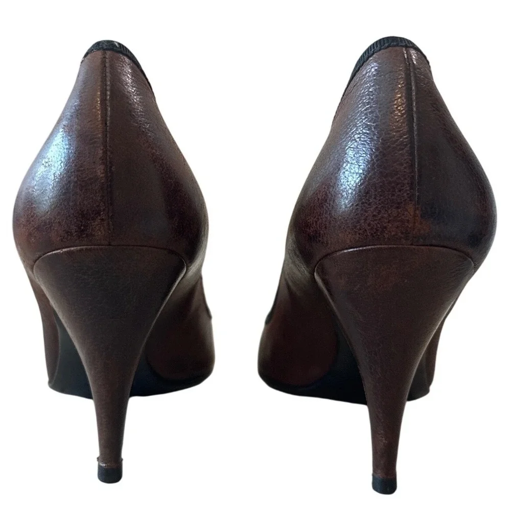 Prada Vintage Brown Leather Studded Grommet Bow Pumps Pointed Toe IT40 9.5